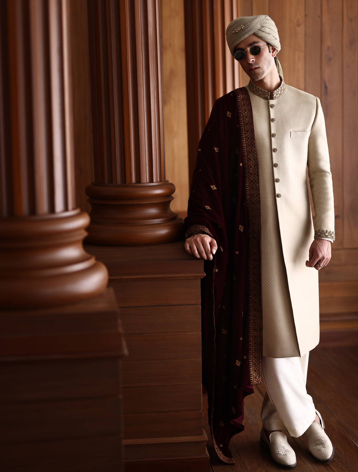 Beige Classic Jamawar Sherwani with Hand Embroidery