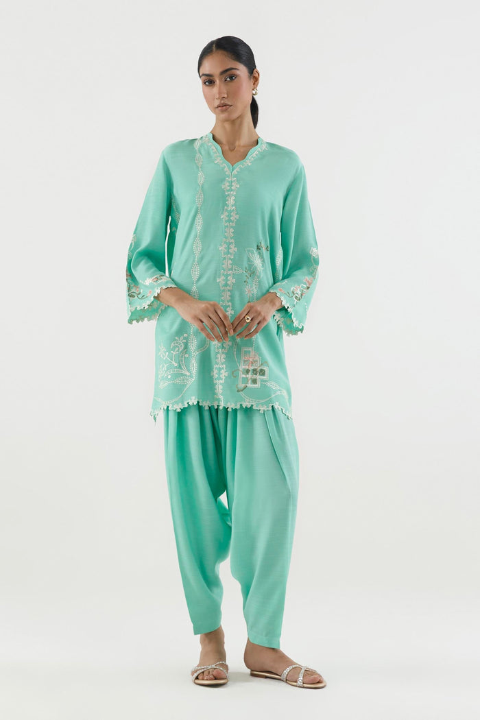 Green Embroidered Raw Silk Shirt + Shalwar