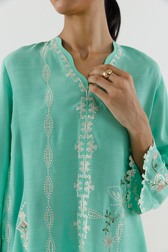 Green Embroidered Raw Silk Shirt + Shalwar