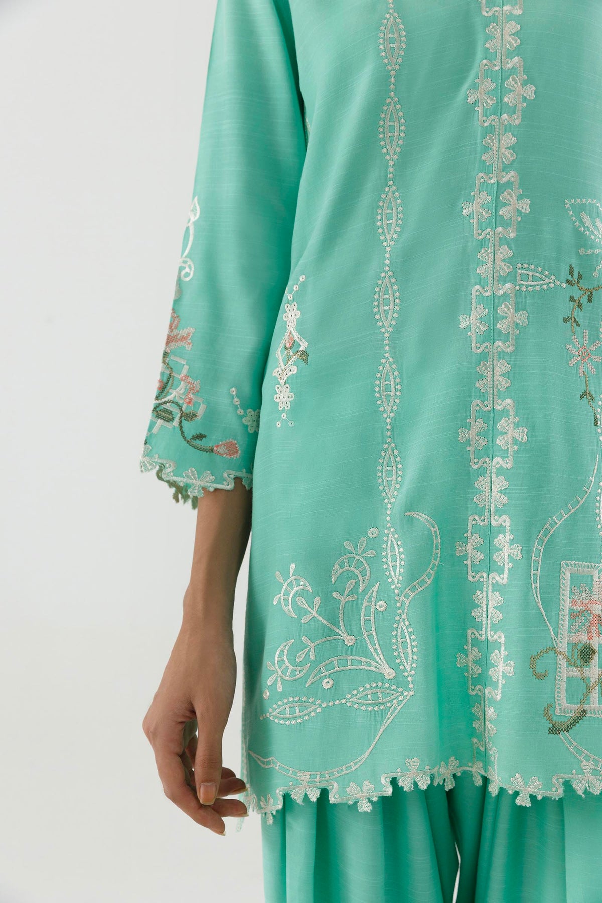 Green Embroidered Raw Silk Shirt + Shalwar