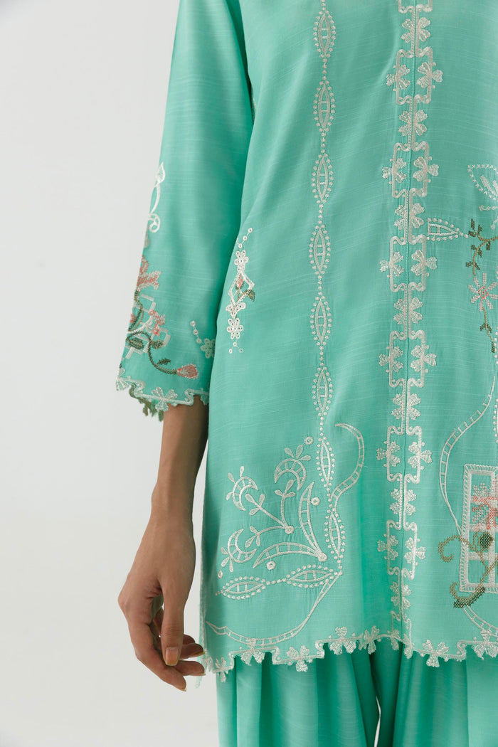 Green Embroidered Raw Silk Shirt + Shalwar