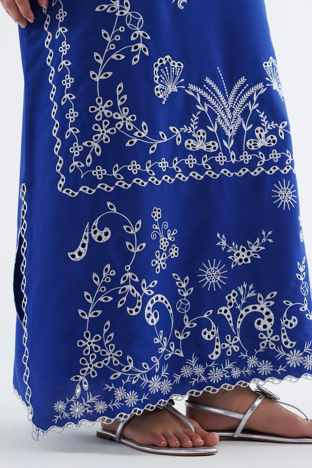 Royal Blue Embroidered Raw Silk Shirt + Culotte