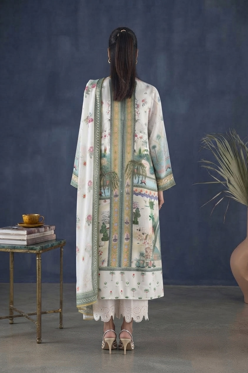 Fawn Printed Satin Shirt + Dupatta