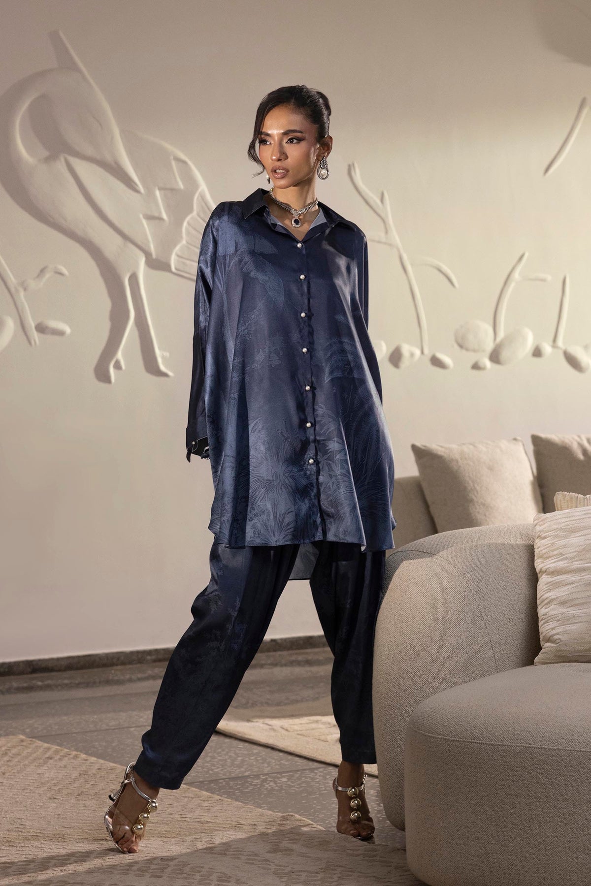 Charcoal Printed Satin Shirt + Shalwar