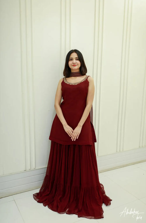 SOLID MAROON KURTA GHARARA SET WITH DUPATTA