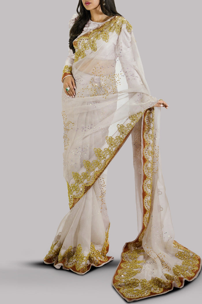 Silver Gray Embellished Organza Sari