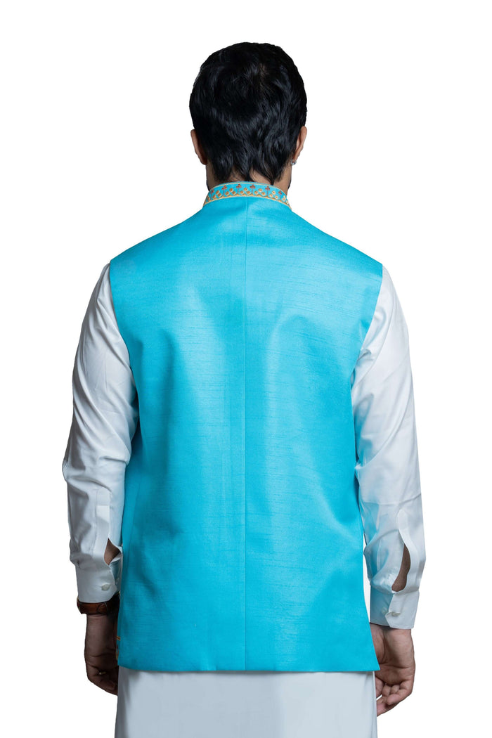Sky Blue Rawsilk Waistcoat with Persian Art Embroidery