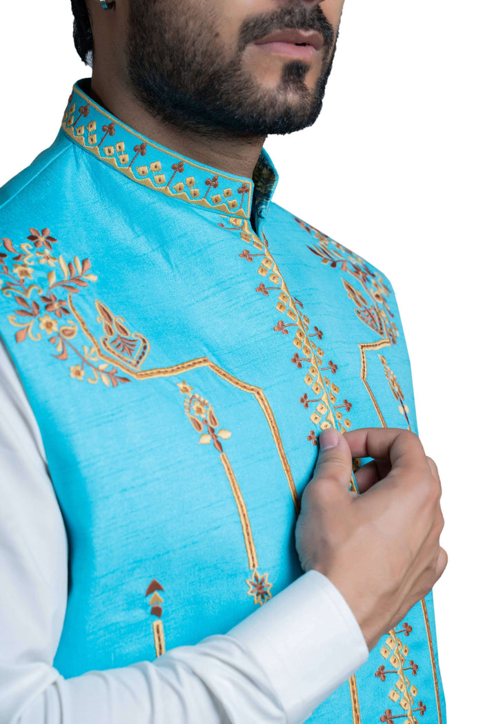 Sky Blue Rawsilk Waistcoat with Persian Art Embroidery