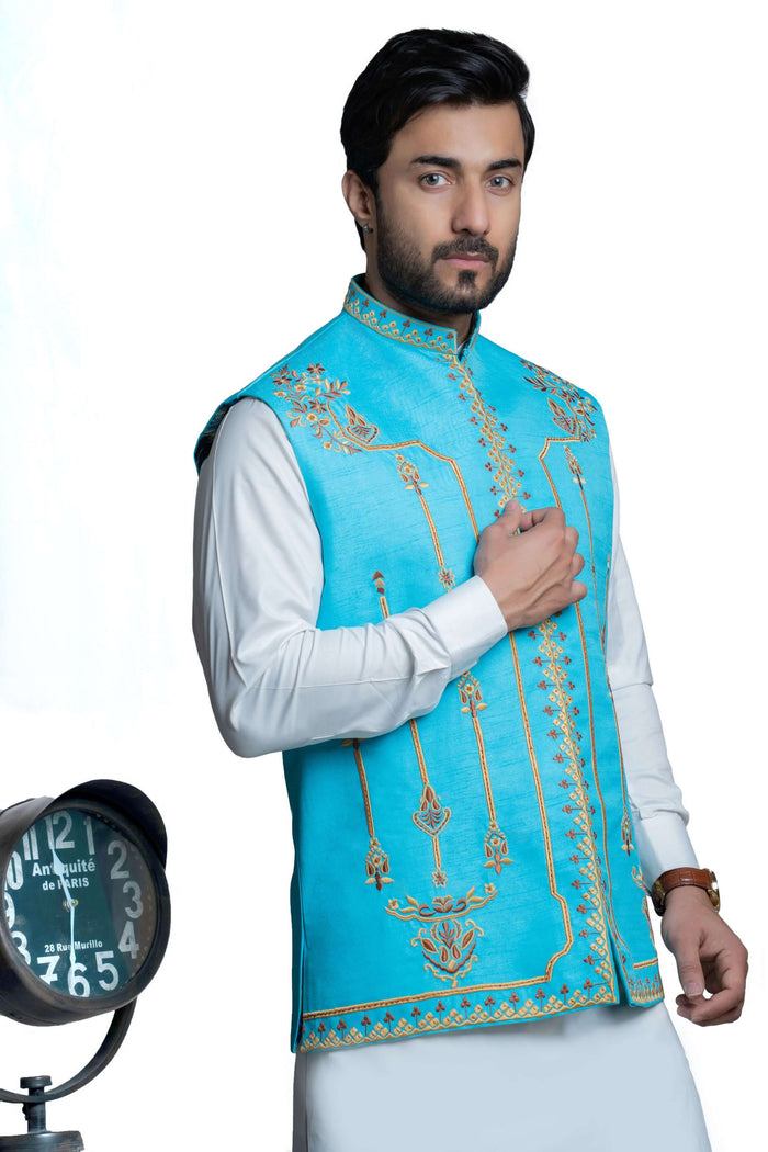 Sky Blue Rawsilk Waistcoat with Persian Art Embroidery