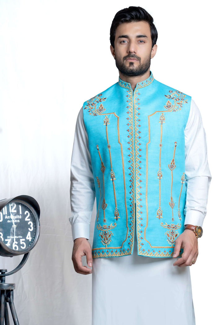 Sky Blue Rawsilk Waistcoat with Persian Art Embroidery