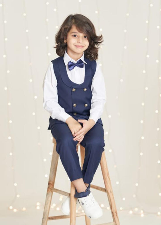 2 Pcs Blue Waistcoat, Pant & Bow