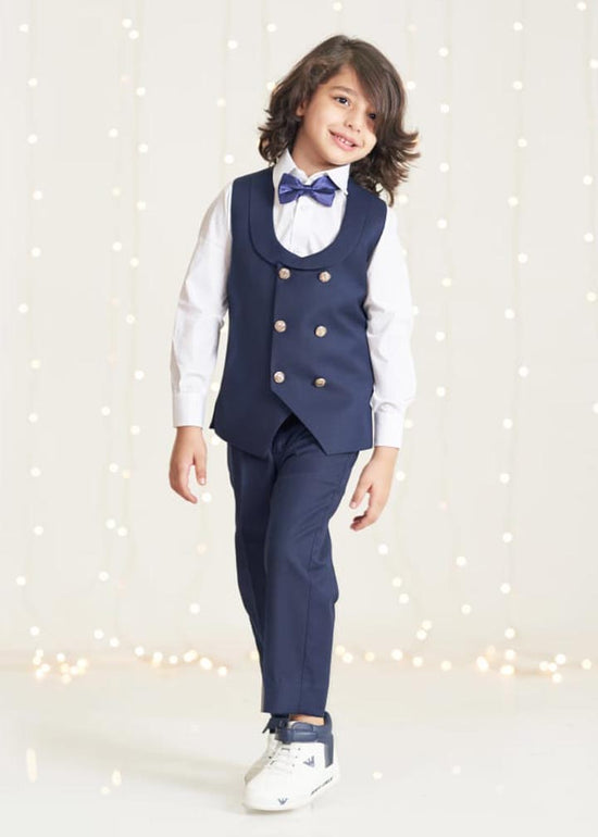 2 Pcs Blue Waistcoat, Pant & Bow