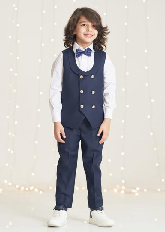 2 Pcs Blue Waistcoat, Pant & Bow