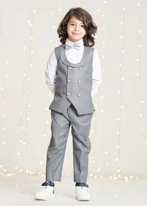 2 Pcs Grey (Waistcoat+Pant+Bow)