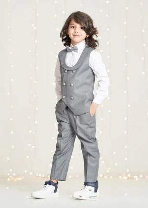 2 Pcs Grey (Waistcoat+Pant+Bow)