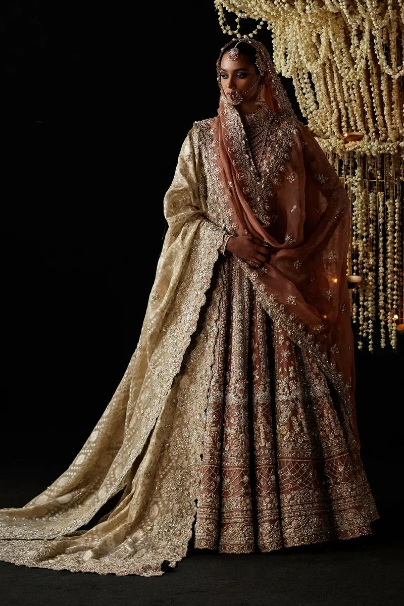 Zyva Chandni Bridal ’26 – Peach-Rust Pishwas with Zardozi | Saad Bin Shahzad