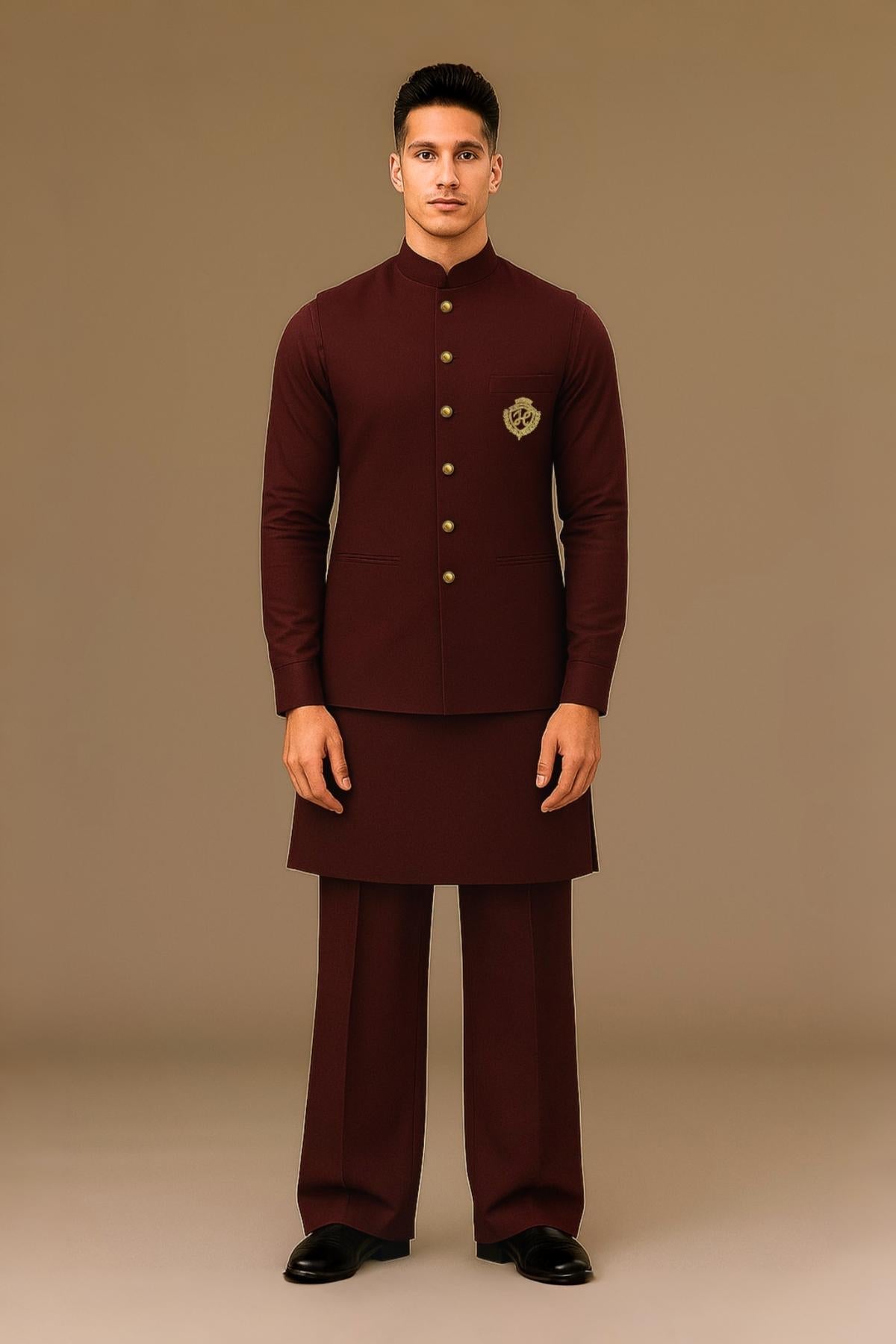 Maroon Waistcoat with Kurta/Pajama - Cotton Silk