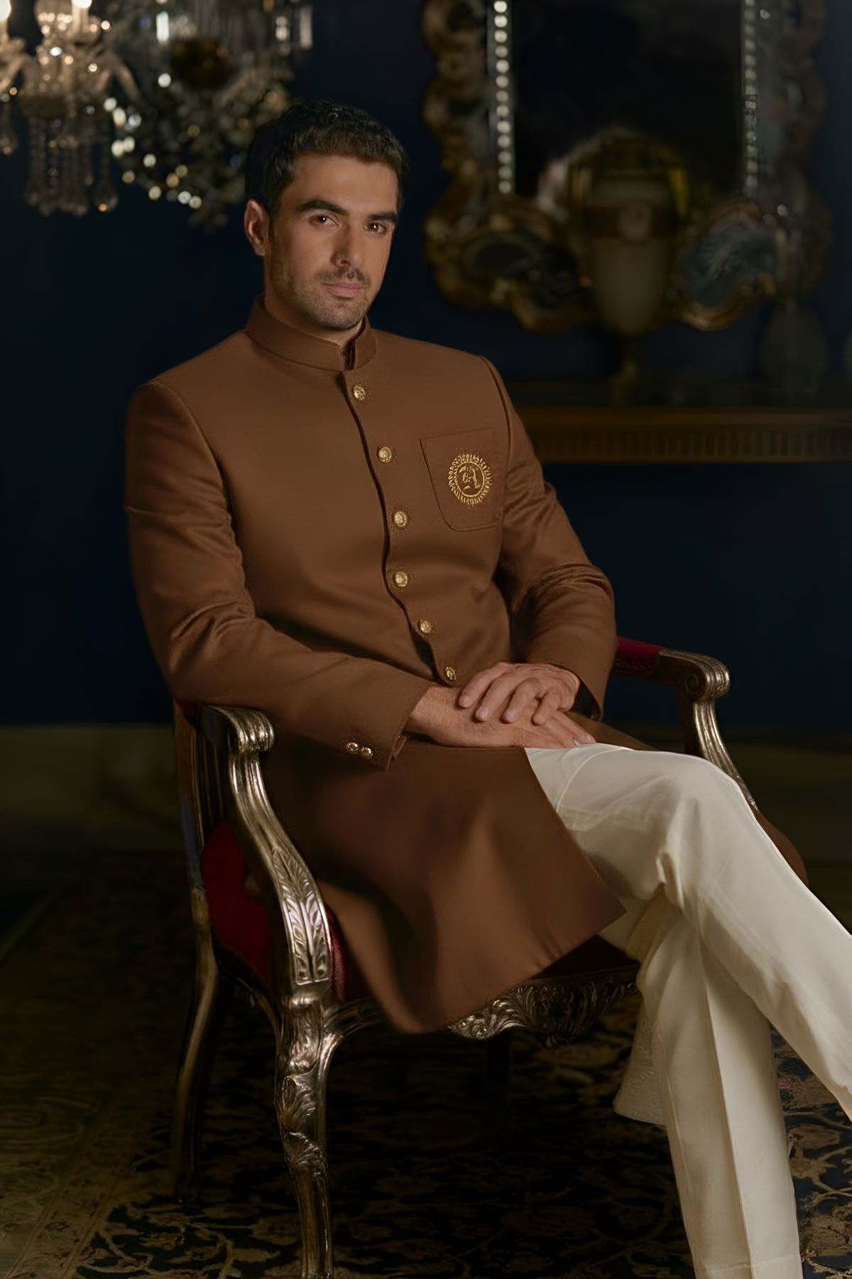 Brown Sherwani with Golden Motif