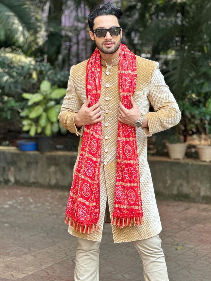 Men's Red Bandhini Printed Crushed Silk Blend Dupatta for Kurta/Sherwani/Achkan