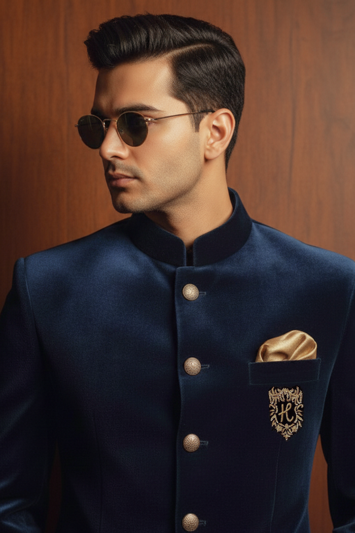 Navy Blue Velvet Prince Coat with Black Trousers