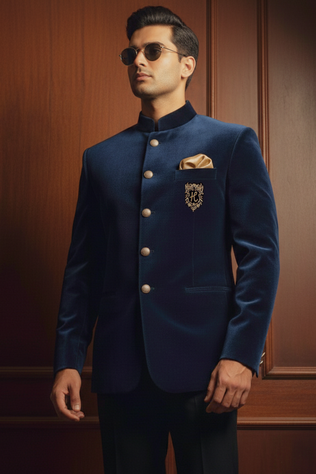 Navy Blue Velvet Prince Coat with Black Trousers