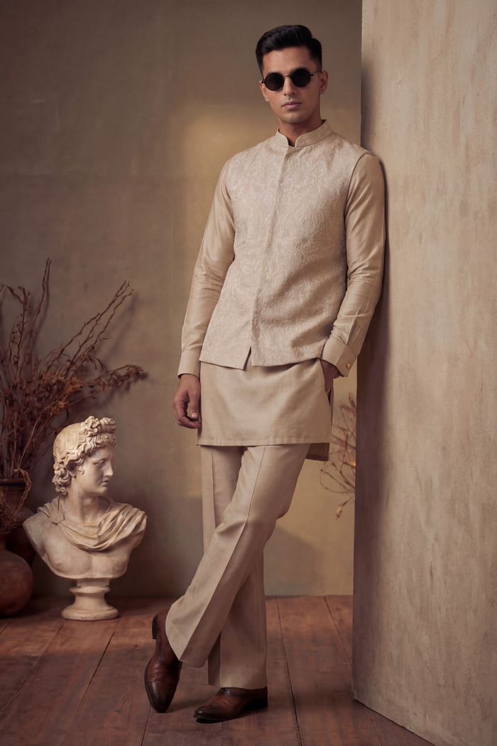 Beige Sequence Embroidered Waistcoat