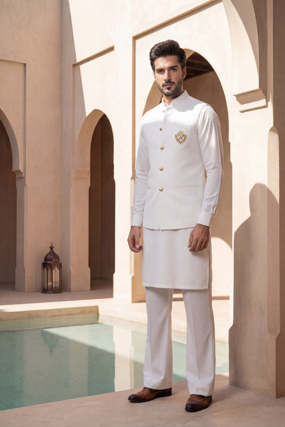 White Motive Waistcoat with Kurta Pajama - Armani