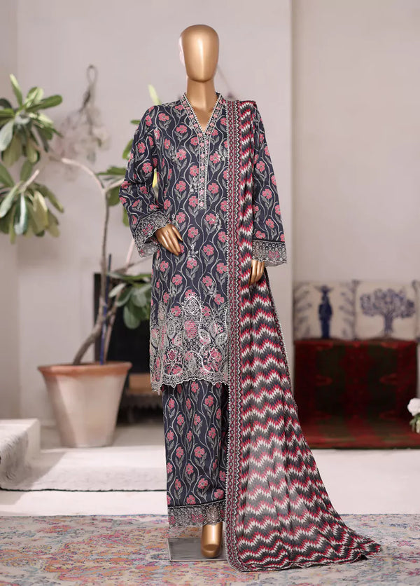 3 Piece Embroidered MultiColor Cotton Suit with Farshi Shalwar & Dupatta