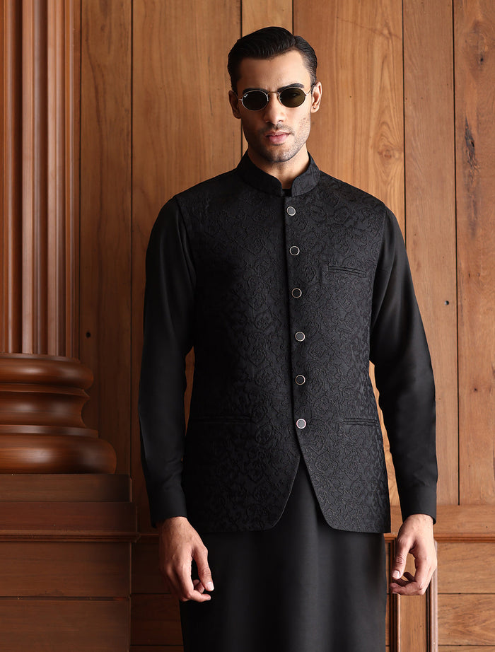 Black Self Embroidered Waistcoat