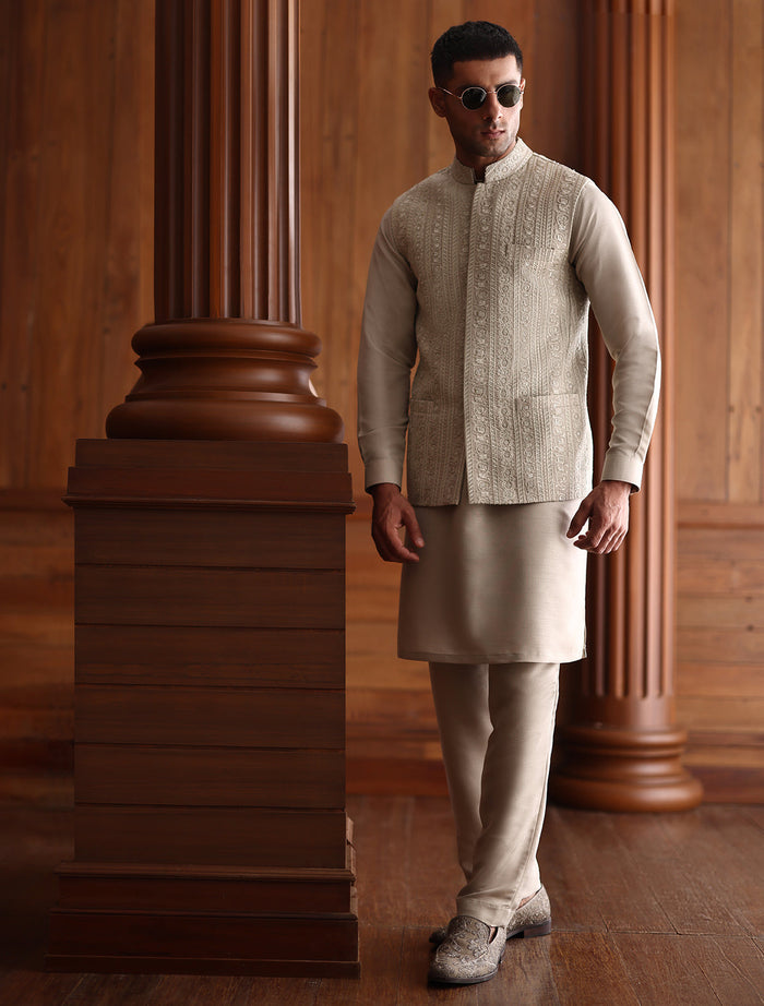 Fawn Gray Intricate Embroidered Waistcoat