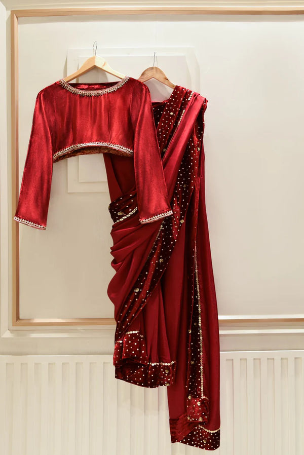 Maroon Velvet Saree