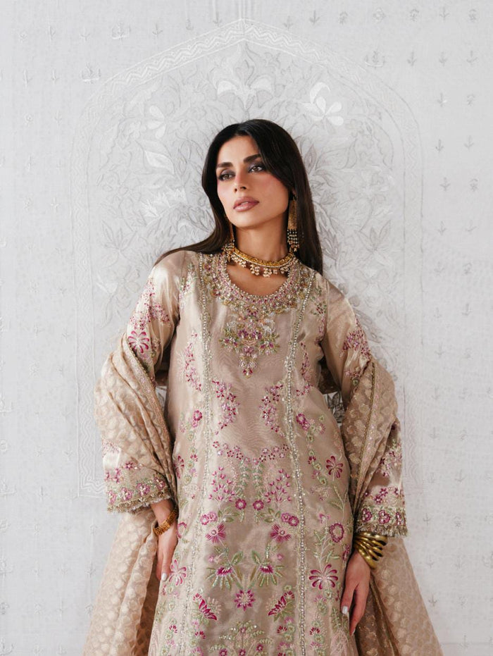Zari: Rose-Gold Chanderi Kurta Set with Jamawar Culottes & Zari Organza Dupatta | Saad Bin Shahzad Festive Pret 2026
