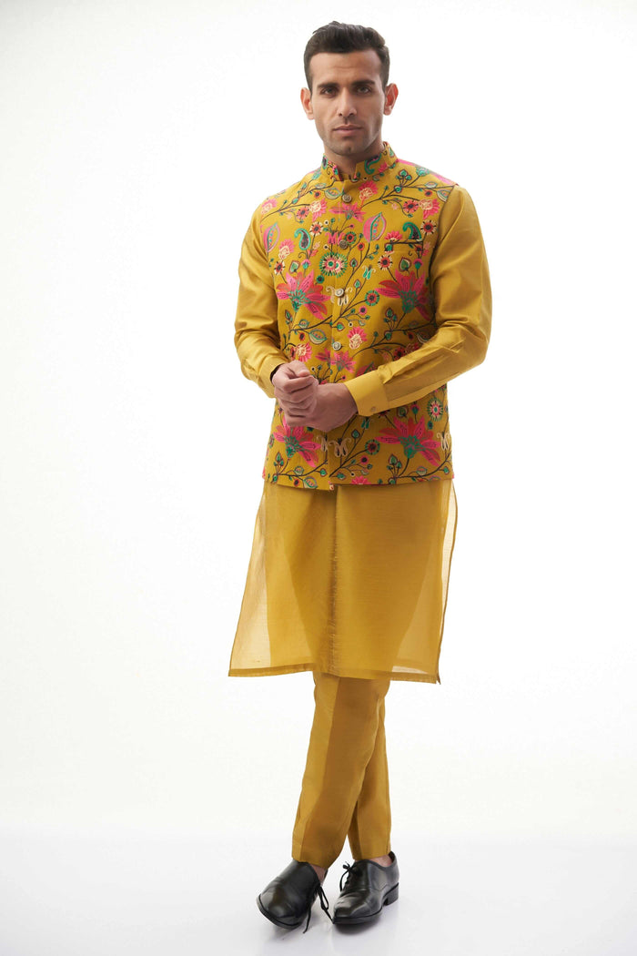 Mustard Yellow Resham Embroidered Waistcoat