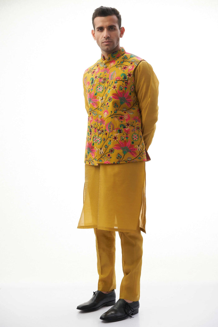 Mustard Yellow Resham Embroidered Waistcoat