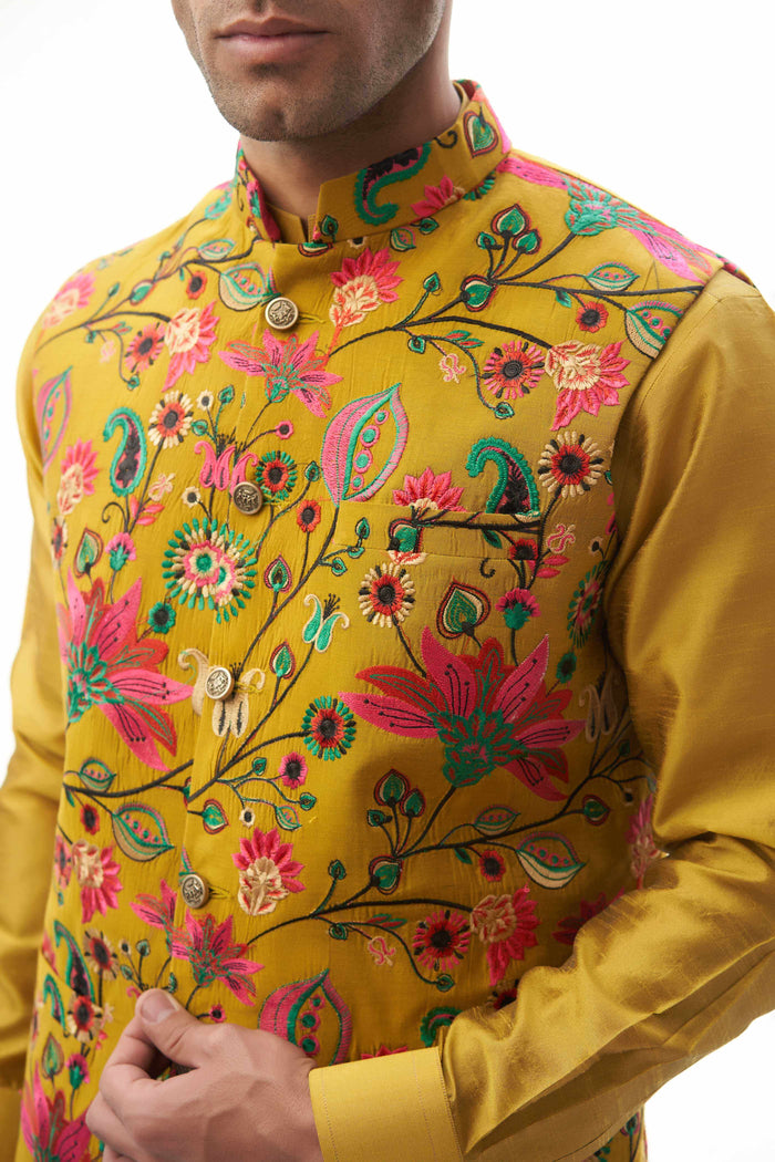 Mustard Yellow Resham Embroidered Waistcoat