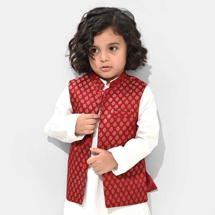 Boys Poly Viscose Waist Coat (Golden Lurex) - Red