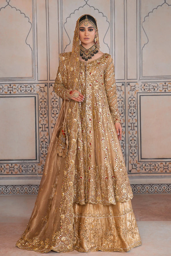 Gold Pakistani Bridal Dress in Gown and Lehenga Style