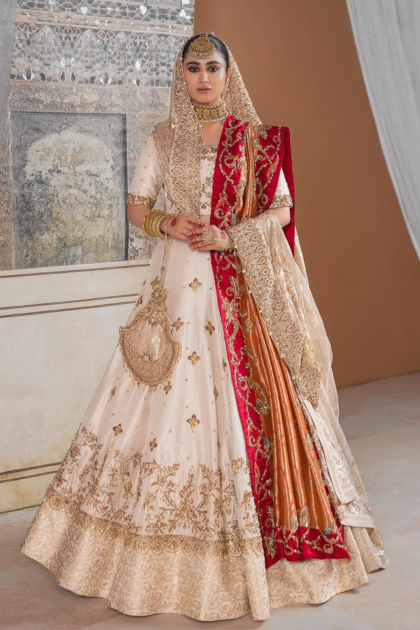 Pakistani Bridal Dress in Gold Frock and Lehenga Style