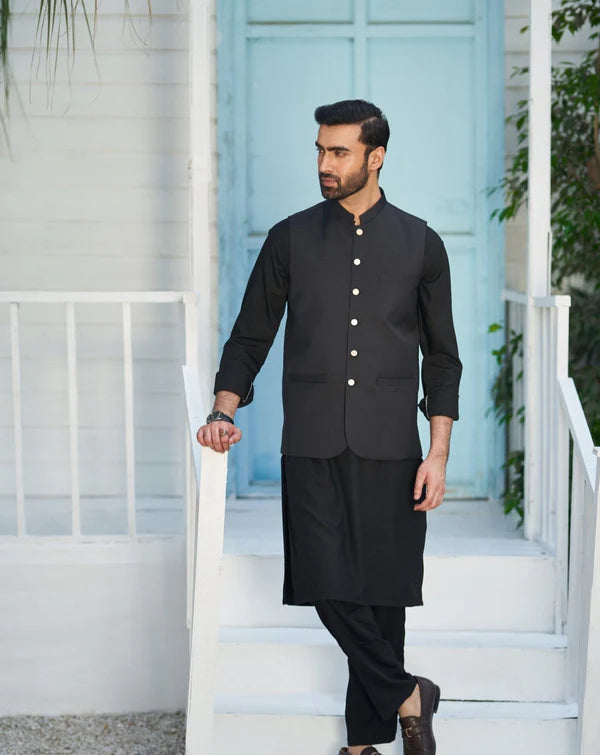 Black Kurta Trouser with Suiting Waistcoat - Round Cut - Men