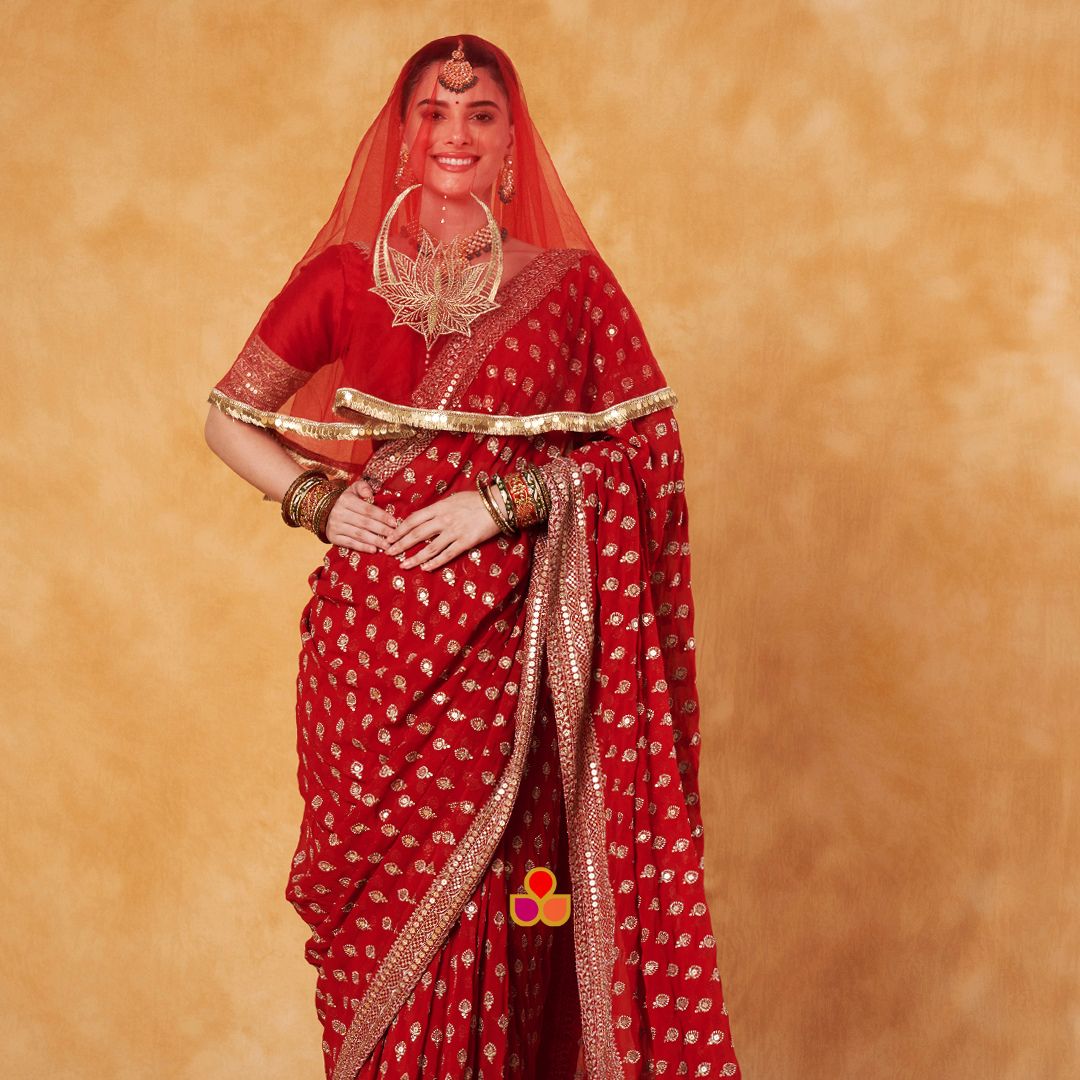 Bridal Ranjhna Red Floral Embroidered Net Head Veil