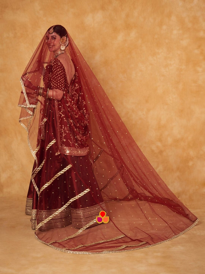 Bridal Veil Zarina Maroon Stone Embroidered Net Veil