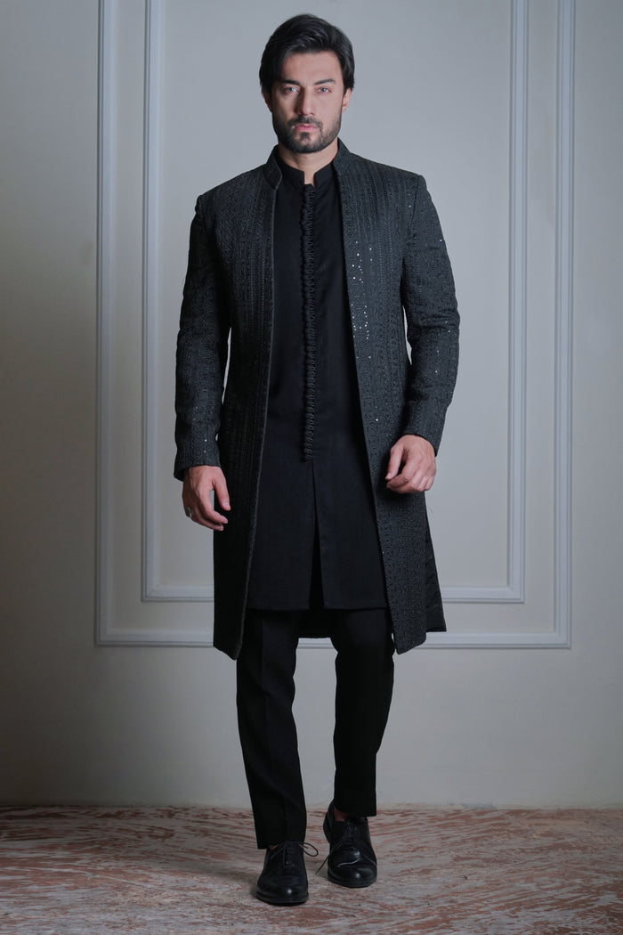 Aamad - Black Twin Front Open Sherwani Set