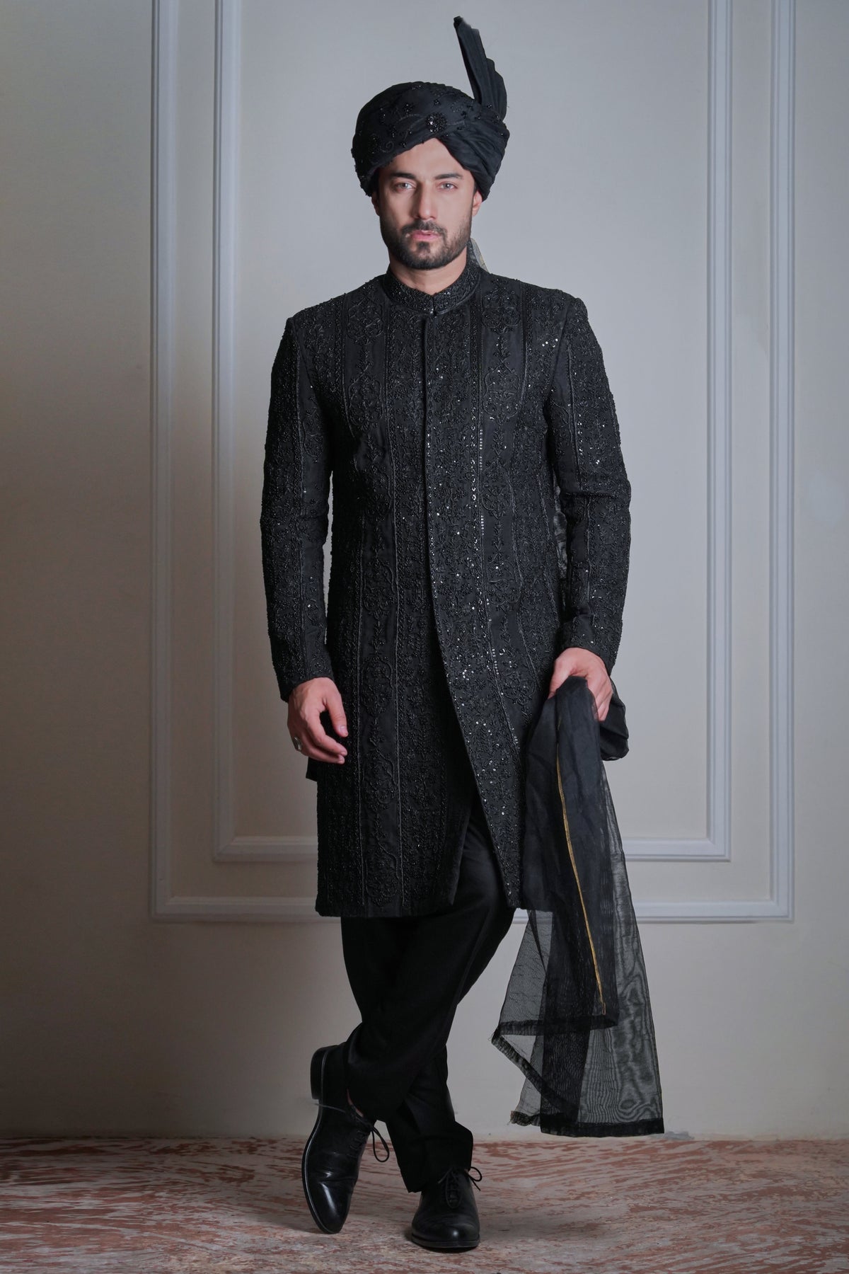 Sartaaj – Black On Black Single Taanka Rawsilk Sherwani