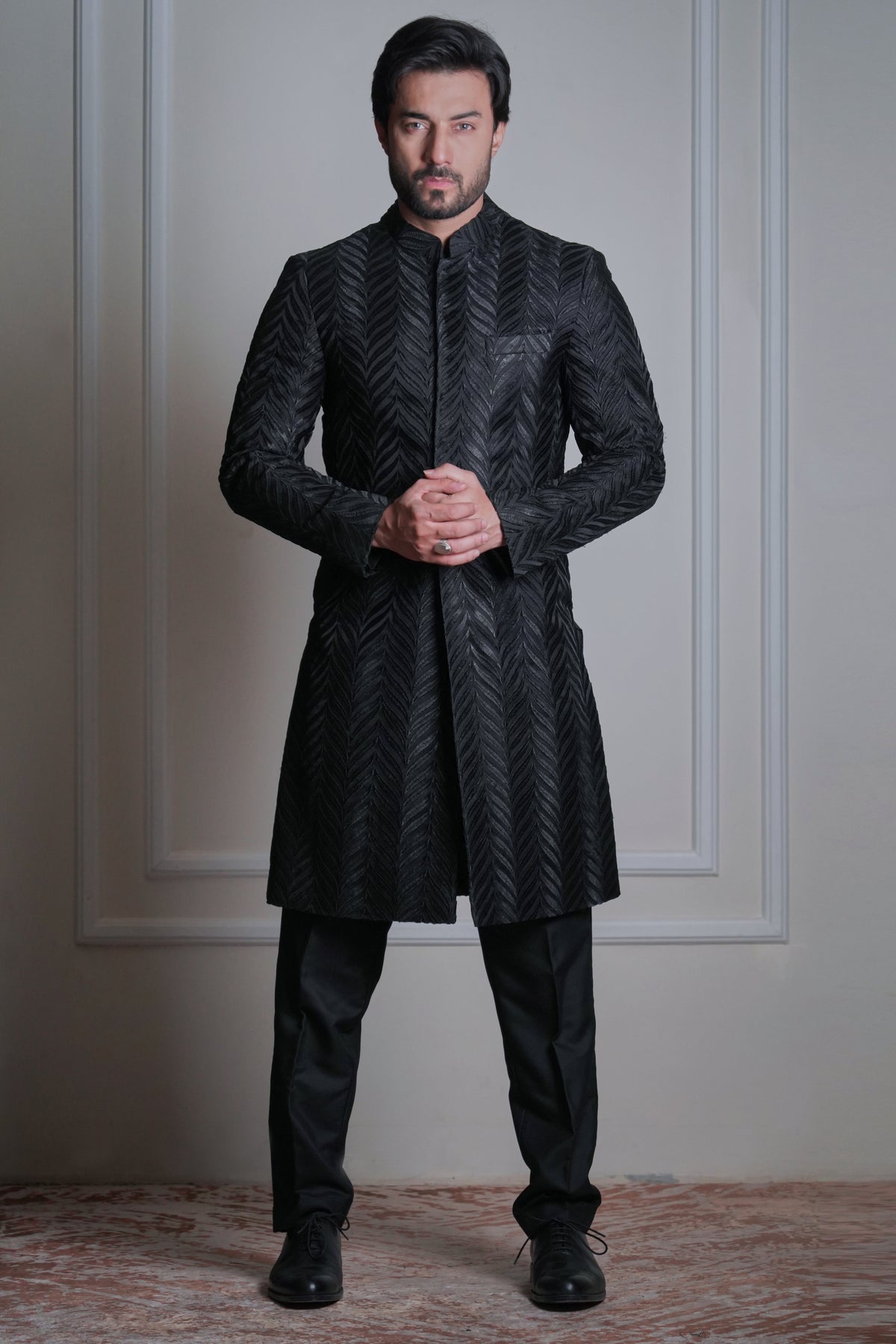 The Dapper - Distinct Chevron Pattern Embroidered in Resham On Charmeuse Silk Base.