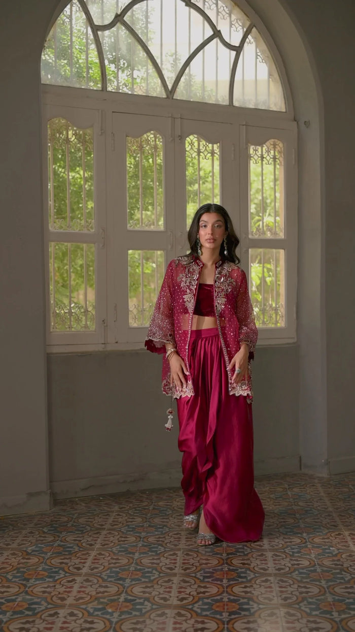 Reem Velvet Bandeau & Silk Draped Skirt with Embroidered Organza Jacket | Uzman Yasen