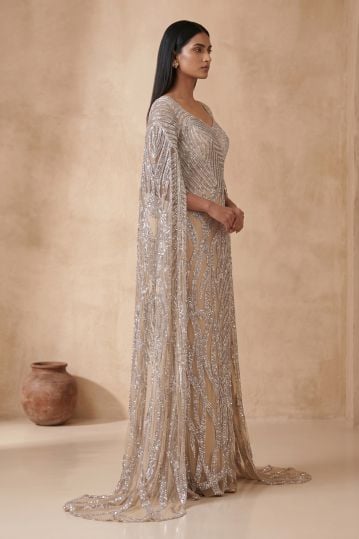 Beige Sequins Embroidered Cocktail Gown with Cape Sleeves