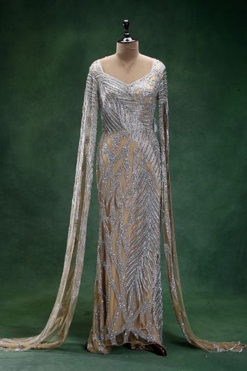Beige Sequins Embroidered Cocktail Gown with Cape Sleeves