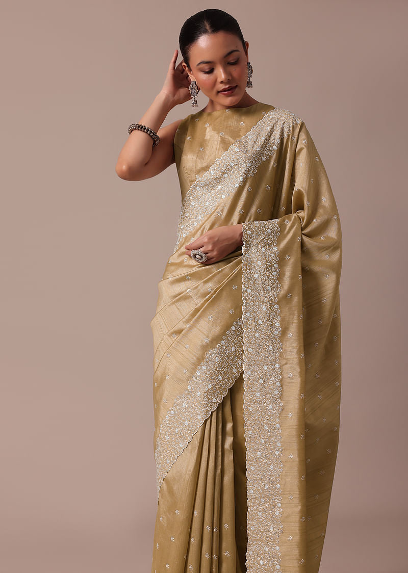 Beige Embroidered Tussar Saree