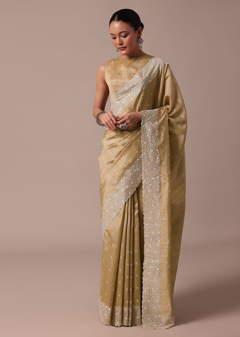 Beige Embroidered Tussar Saree