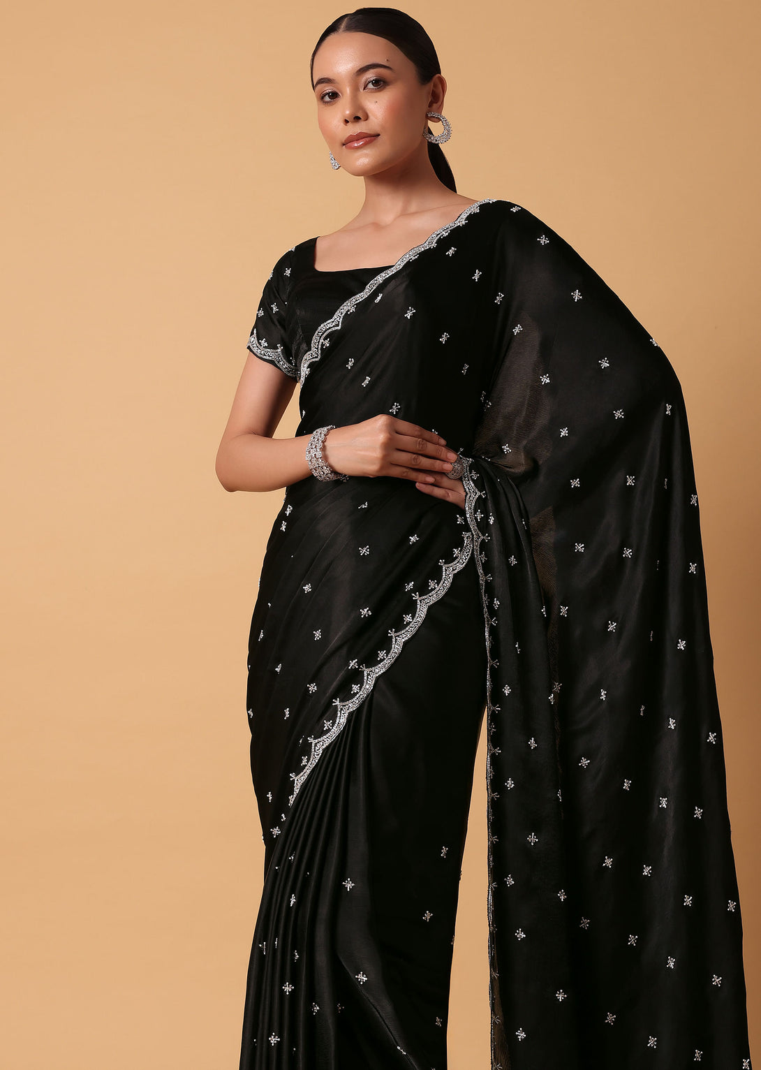 Black Satin Saree With Stone Embellishments